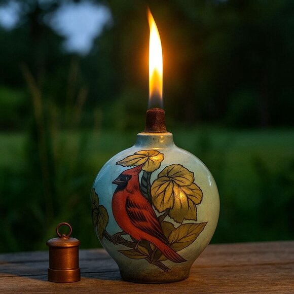 Talavera Tabletop Oil Lamp Cardinal of Peace VTG Artist Sign Outdoor Patio Torch - Picture 1 of 16